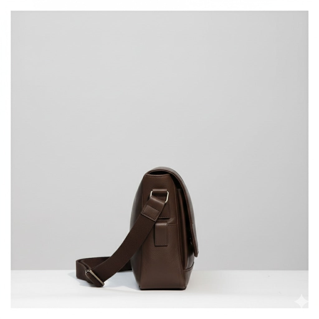 Close‑up of adjustable leather belt strap on messenger bag