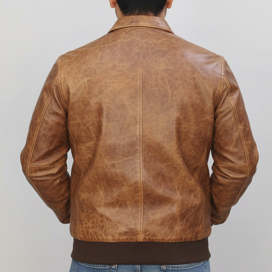 Back view of eagle brown genuine sheep leather jacket