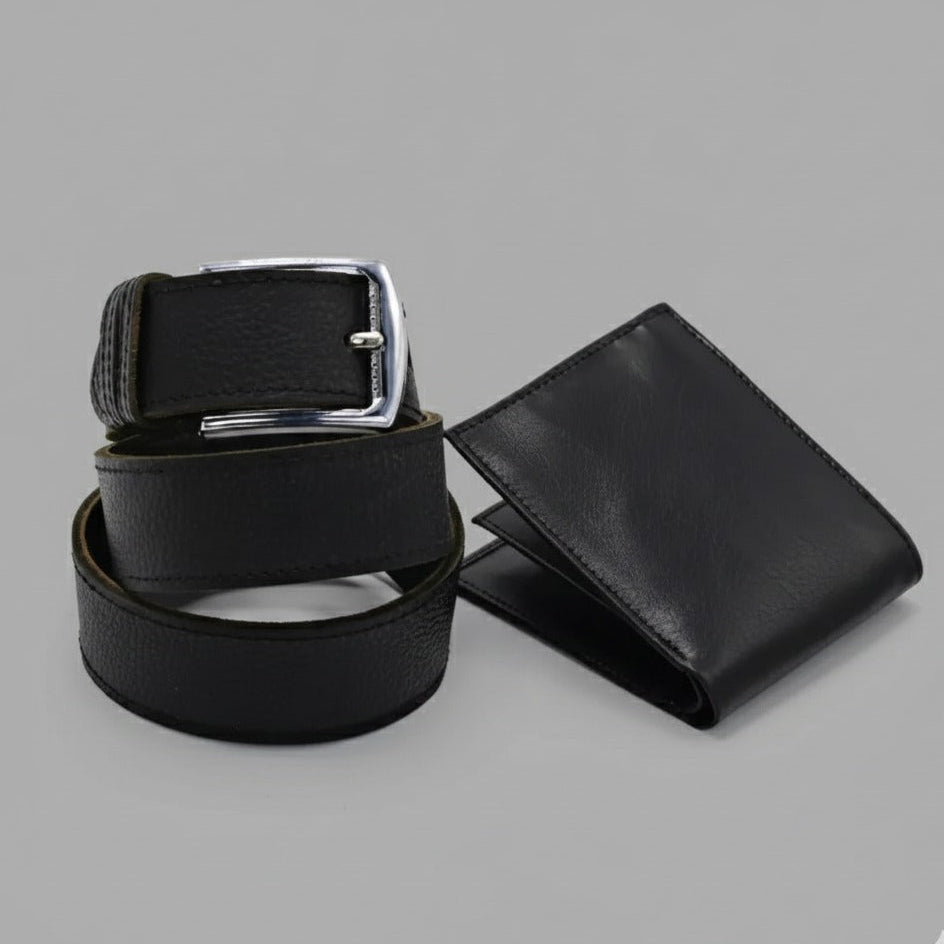 Black genuine leather wallet and slim belt set