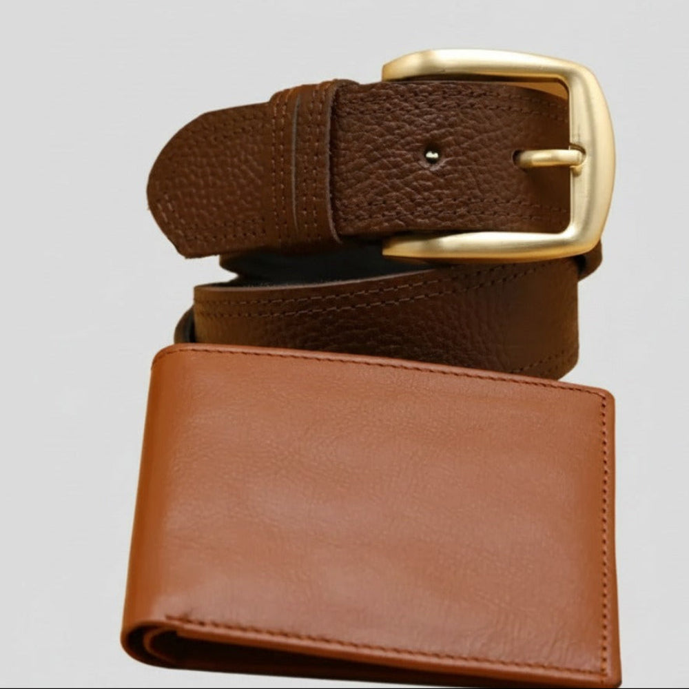 Brown  leather belt and wallet set