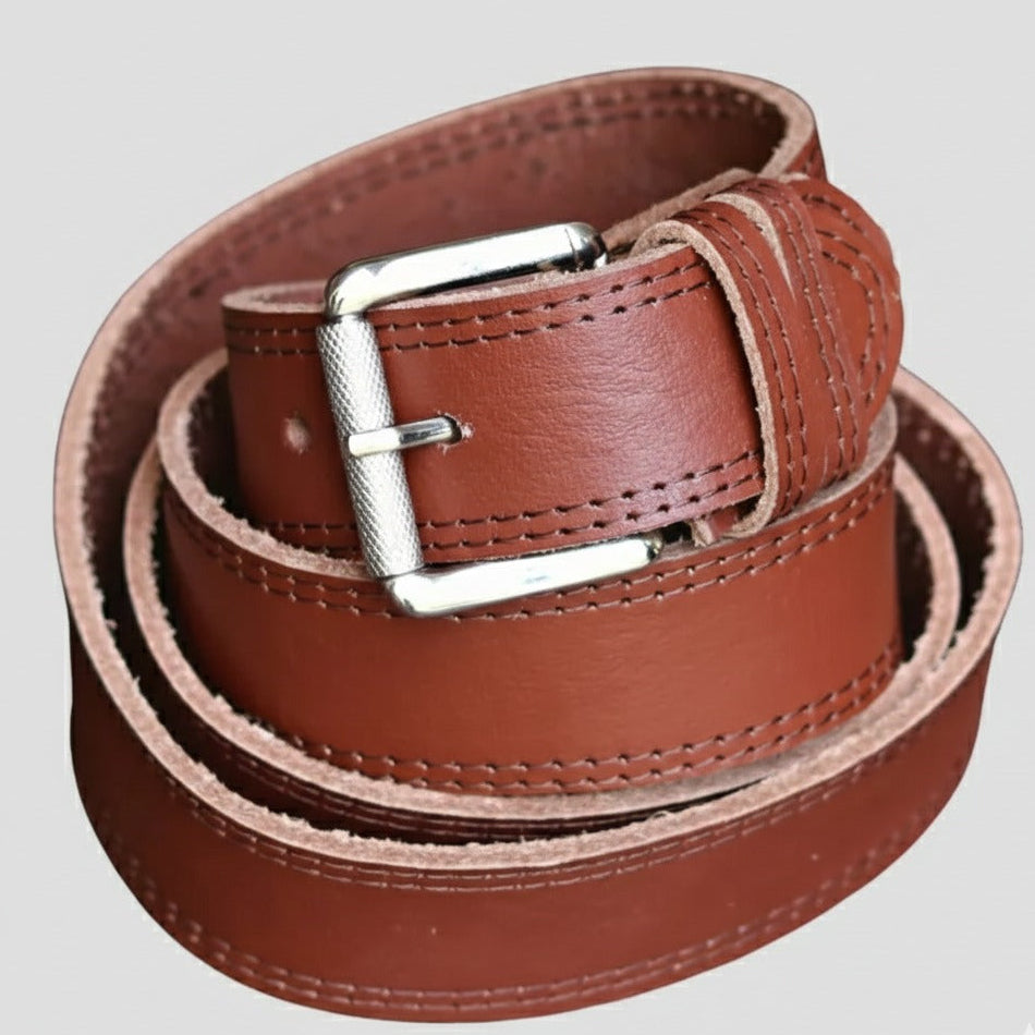 Brown leather belt dual stitching close-up
