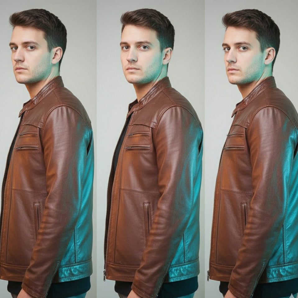 Brown leather jacket worn styled outfit