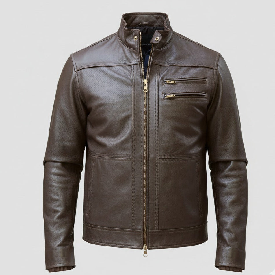 Close-up of YKK metallic zipper on dark brown leather jacket