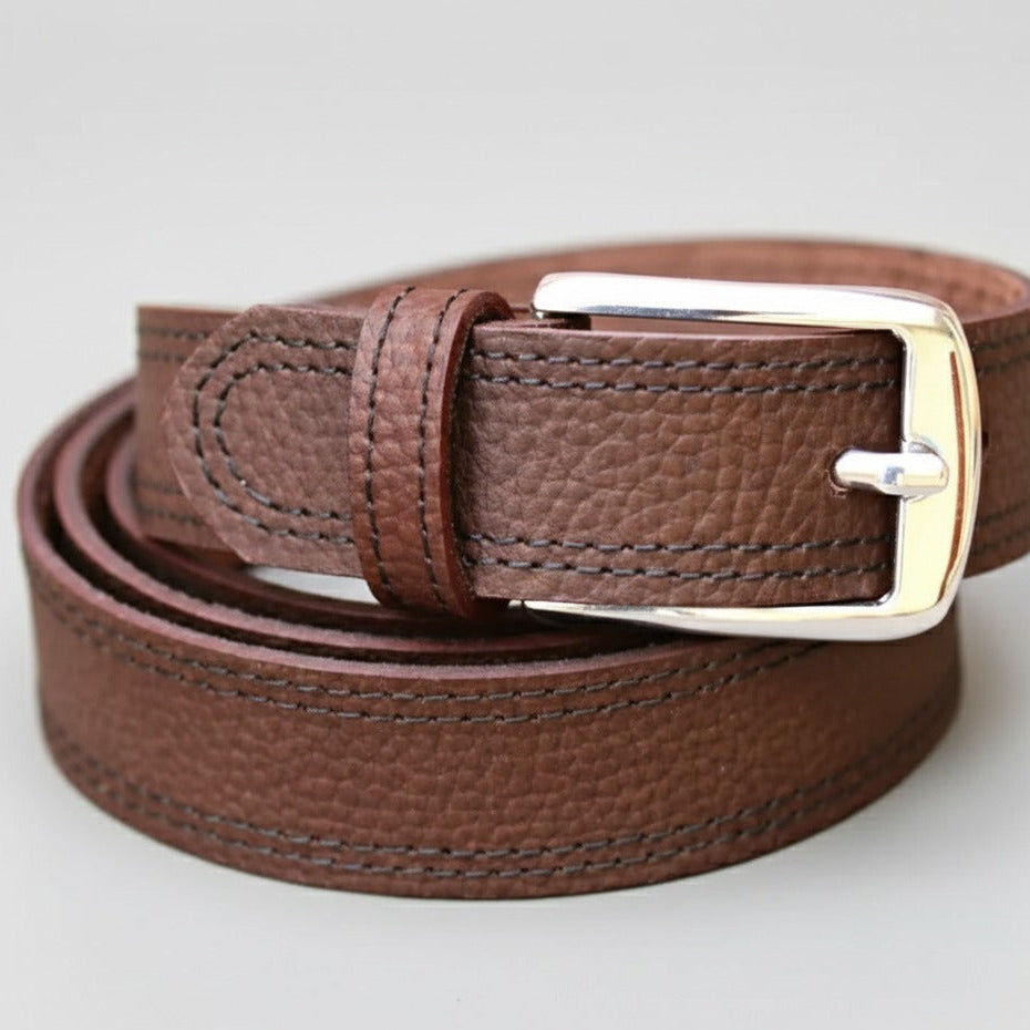 Genuine blue leather belt texture detail