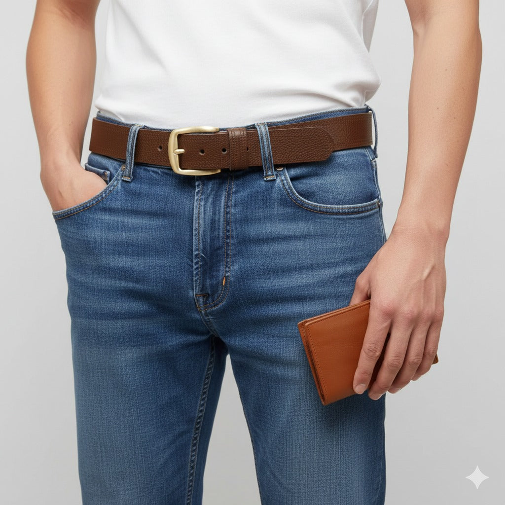 Brown leather belt with metal buckle close-up