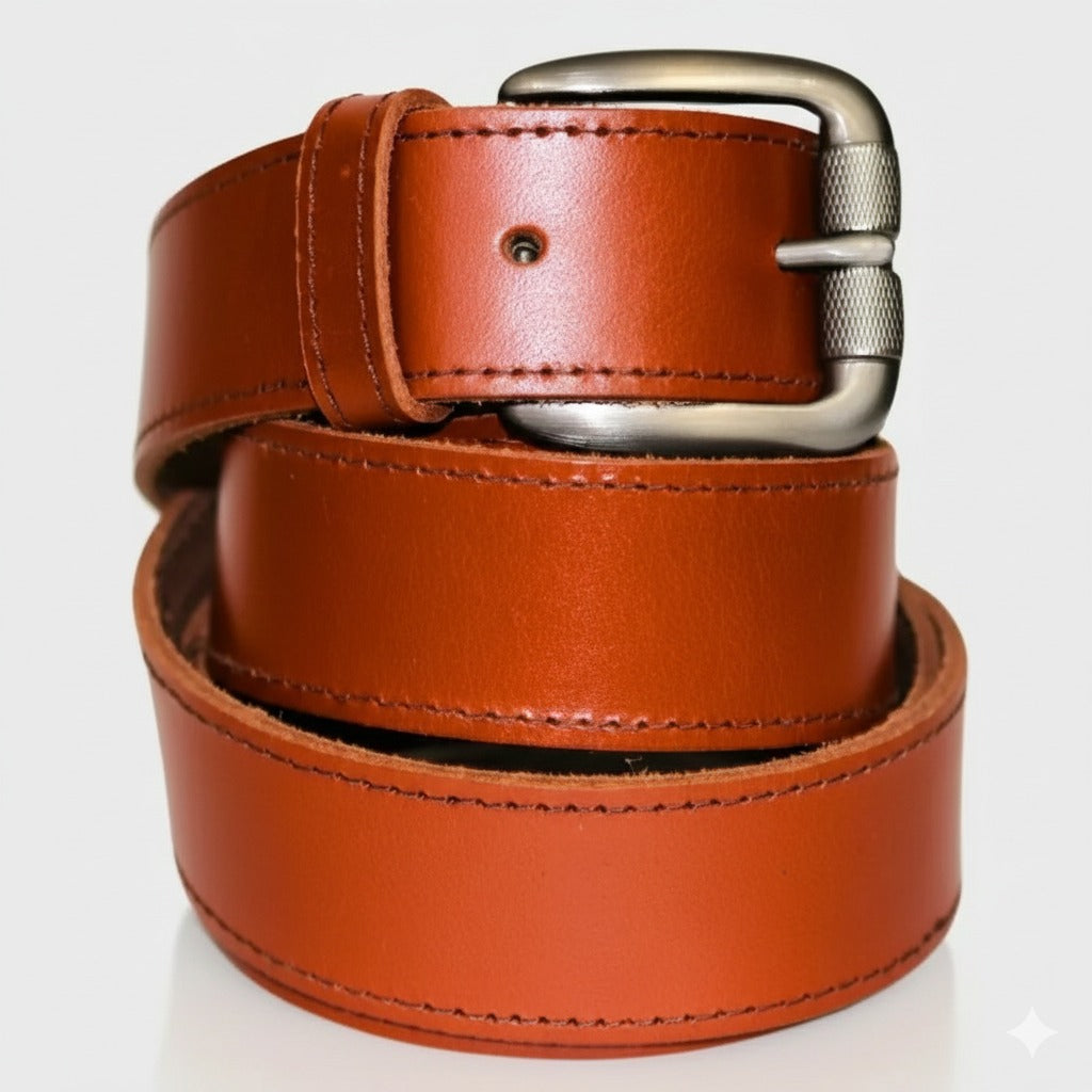 Close-up of brown leather belt with metal buckle