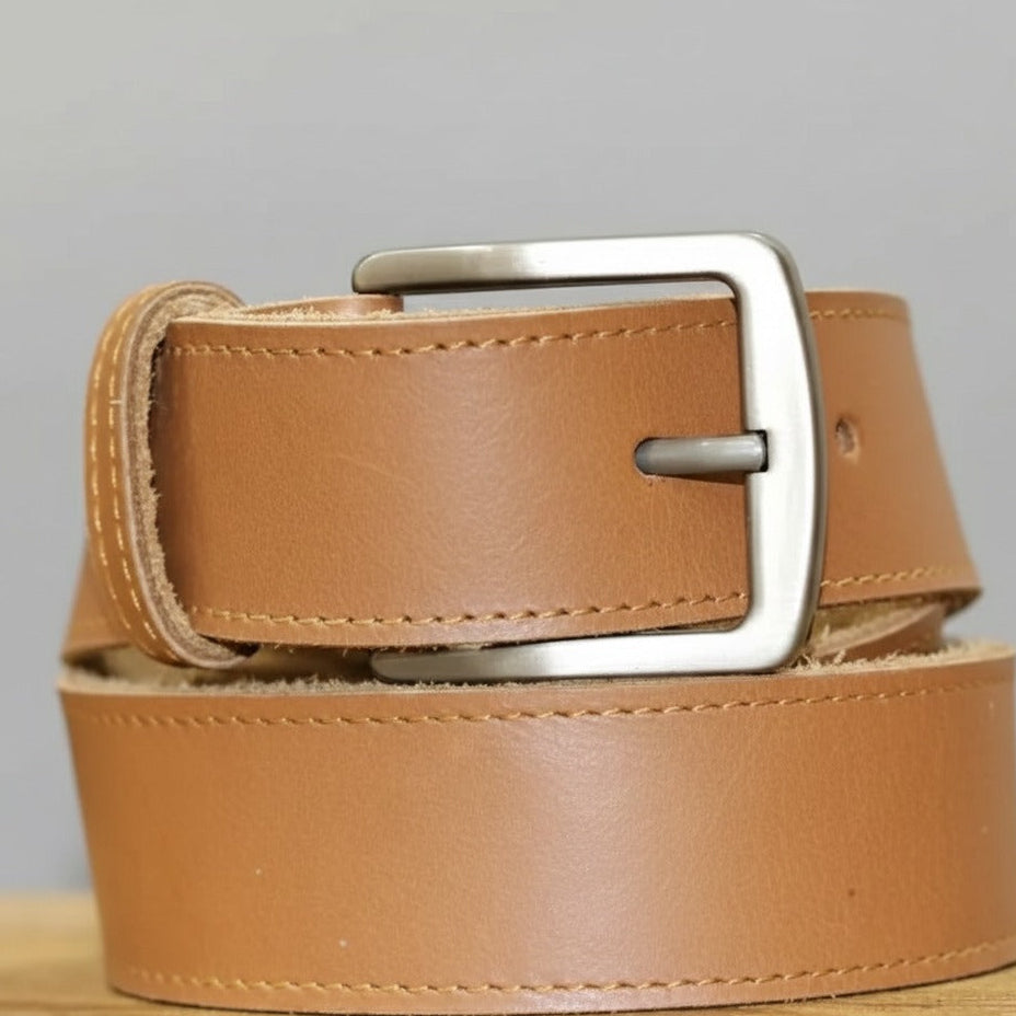 Genuine leather texture detail on camel brown belt