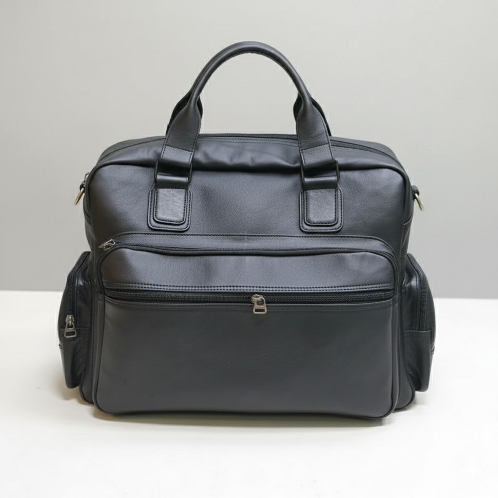 Jet black cow leather travel bag 