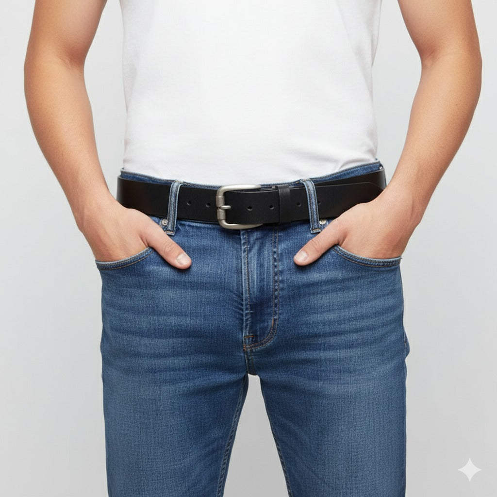 Men wearing black plain leather belt with trousers