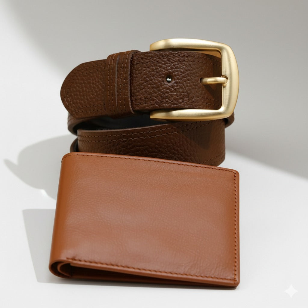 Men’s brown leather belt and wallet combo