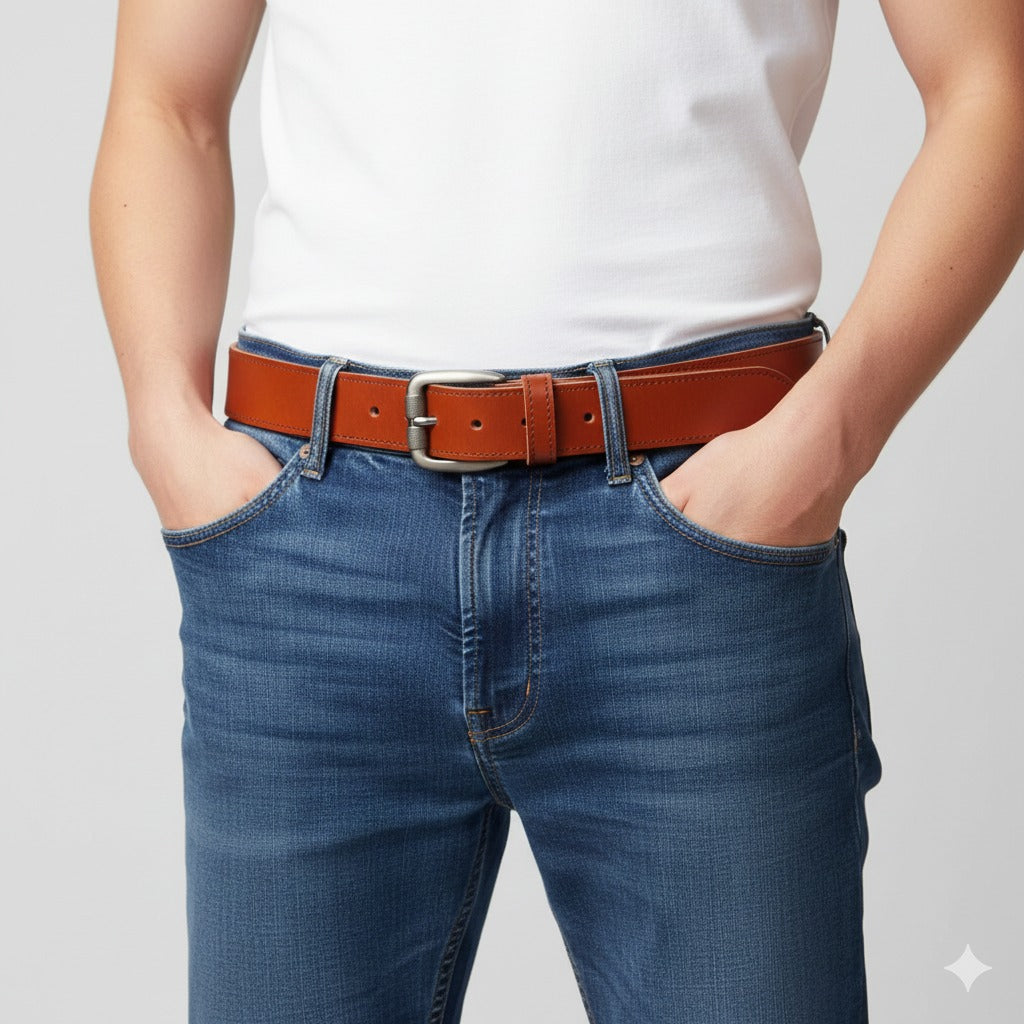 Men wearing casual brown leather belt with jeans