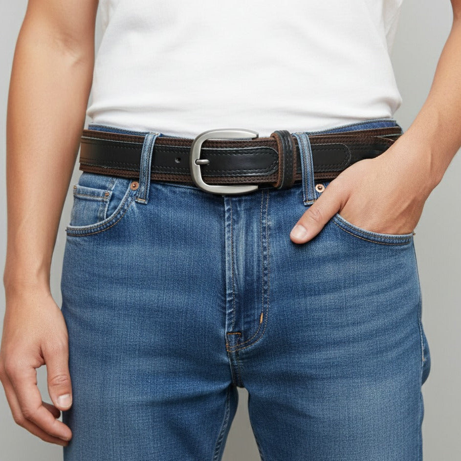 Men wearing executive leather belt with trousers