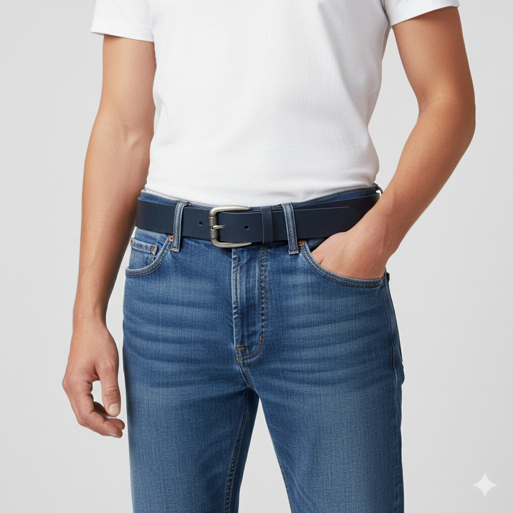 Men wearing formal dark blue leather belt with trousers