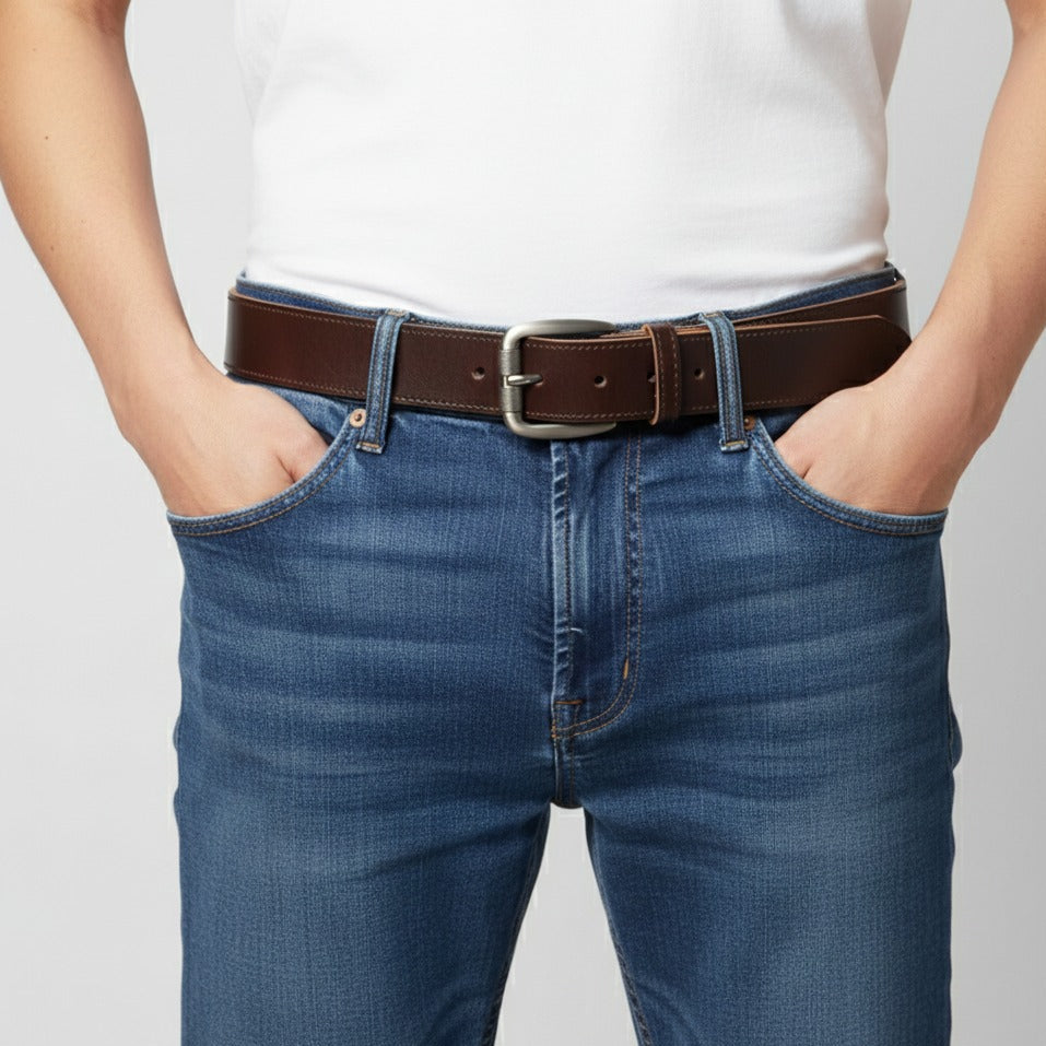 Men wearing formal dark brown leather belt with trousers