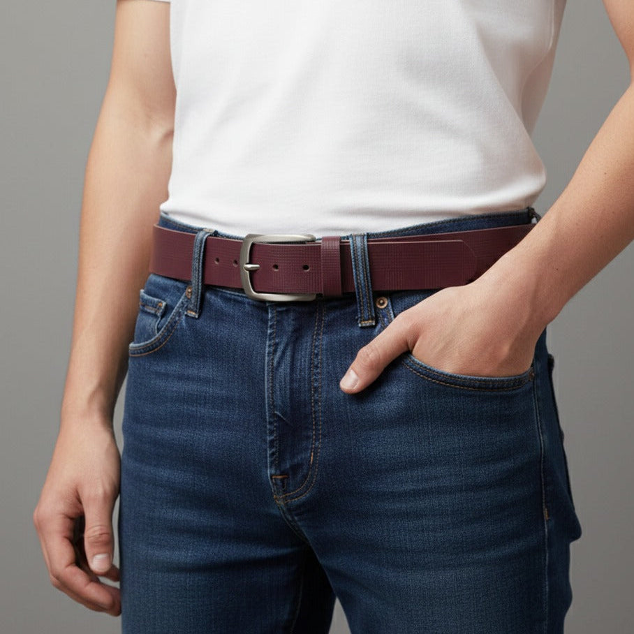 Men wearing maroon premium leather belt with trousers