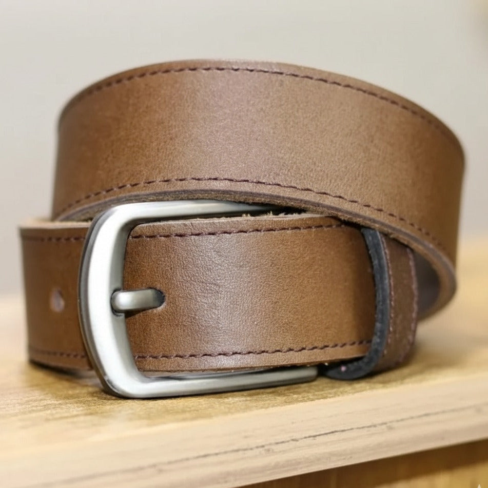 Men wearing mocha brown leather belt with trousers
