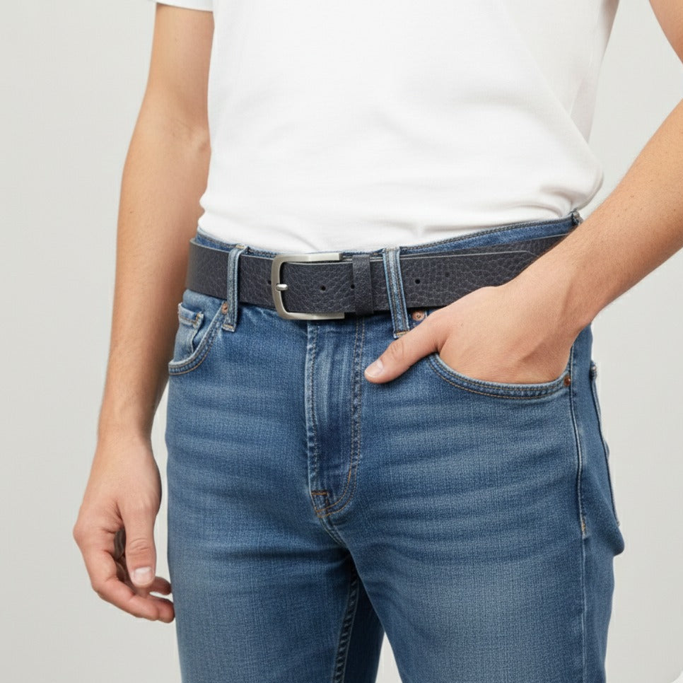 Premium blue leather belt with metal buckle close-up