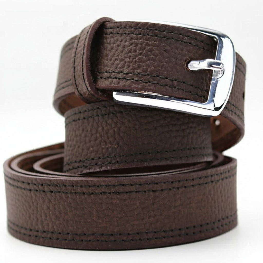 Premium blue leather belt with metal buckle close-up