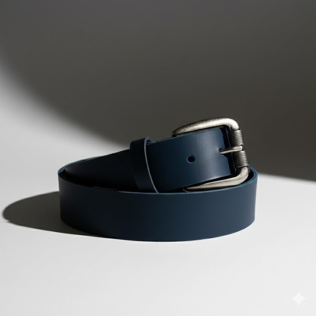 lose-up of dark blue leather belt with metal buckle