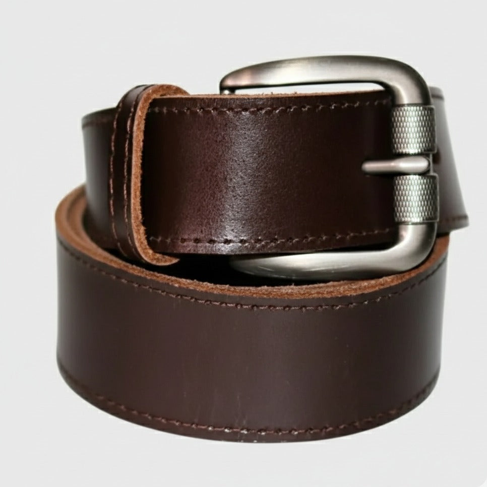 Close-up of dark brown leather belt with metal buckle
