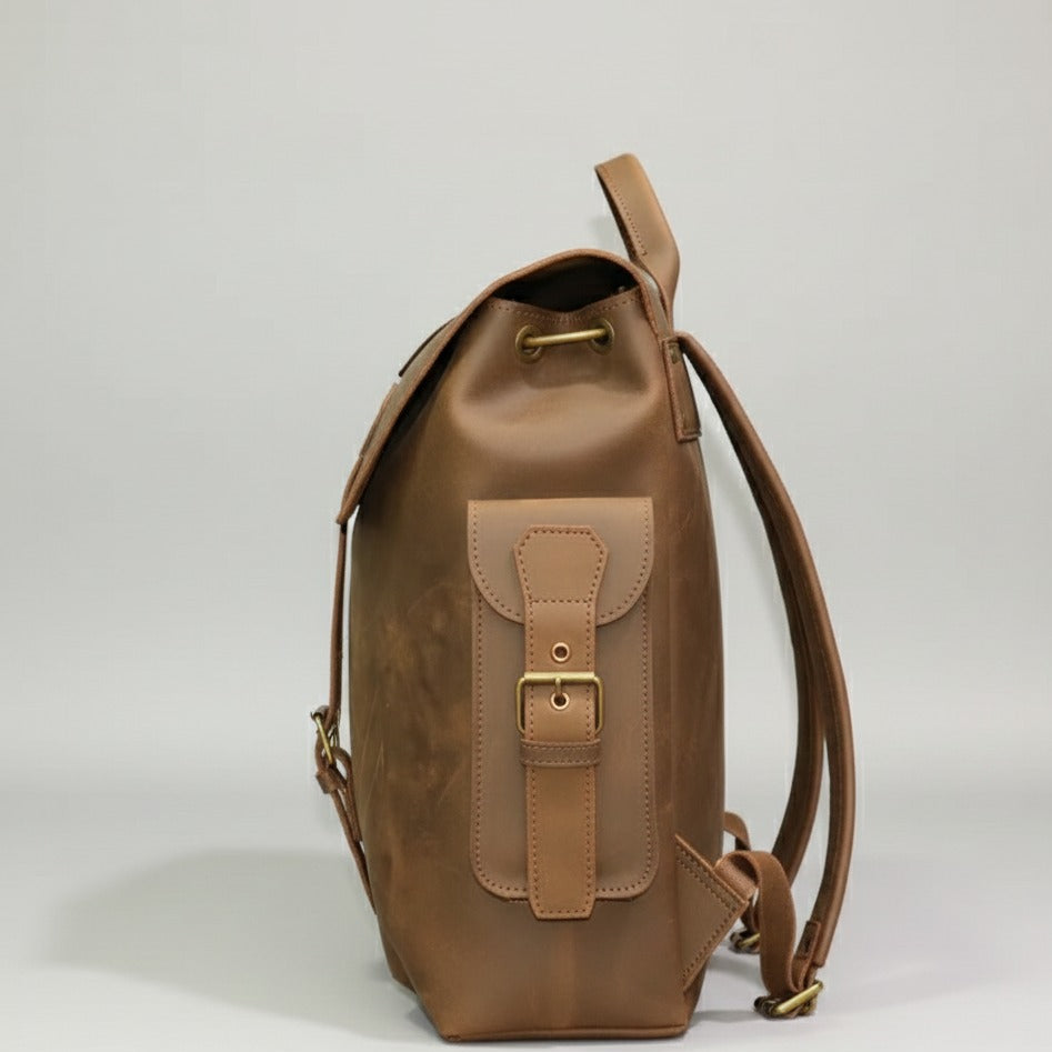 Close‑up of premium leather backpack strap detail