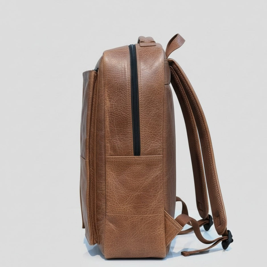 Close‑up of premium leather backpack vertical zipper detail