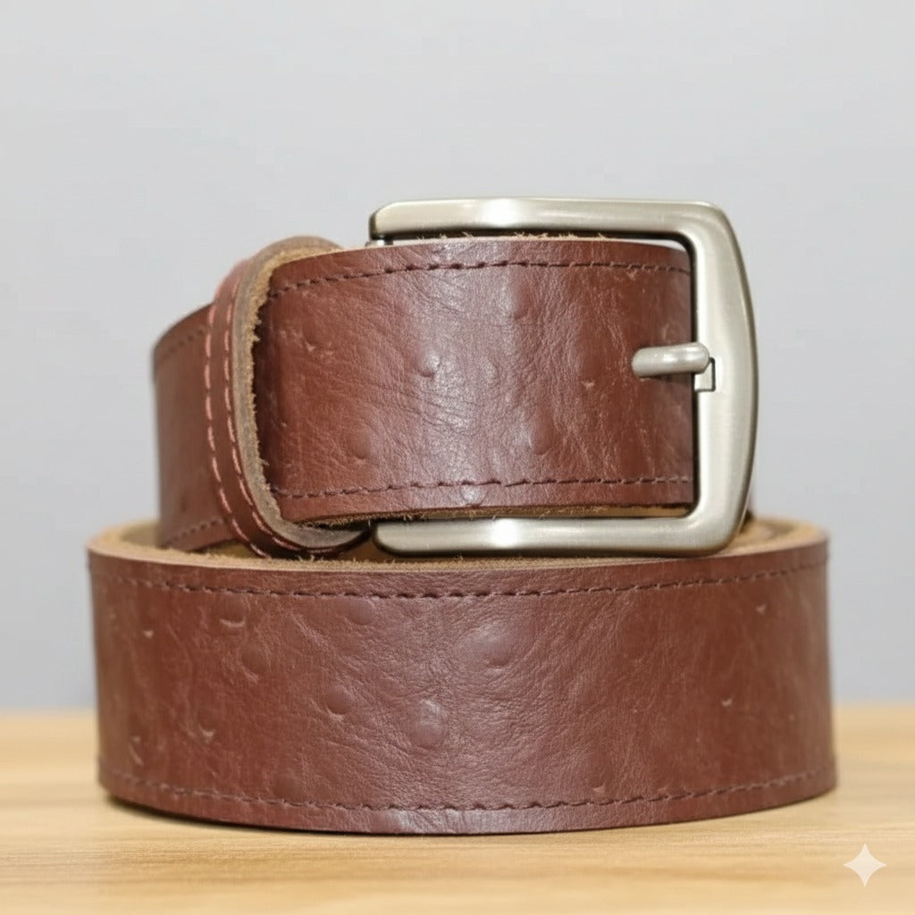 Close‑up of dark brown leather belt buckle