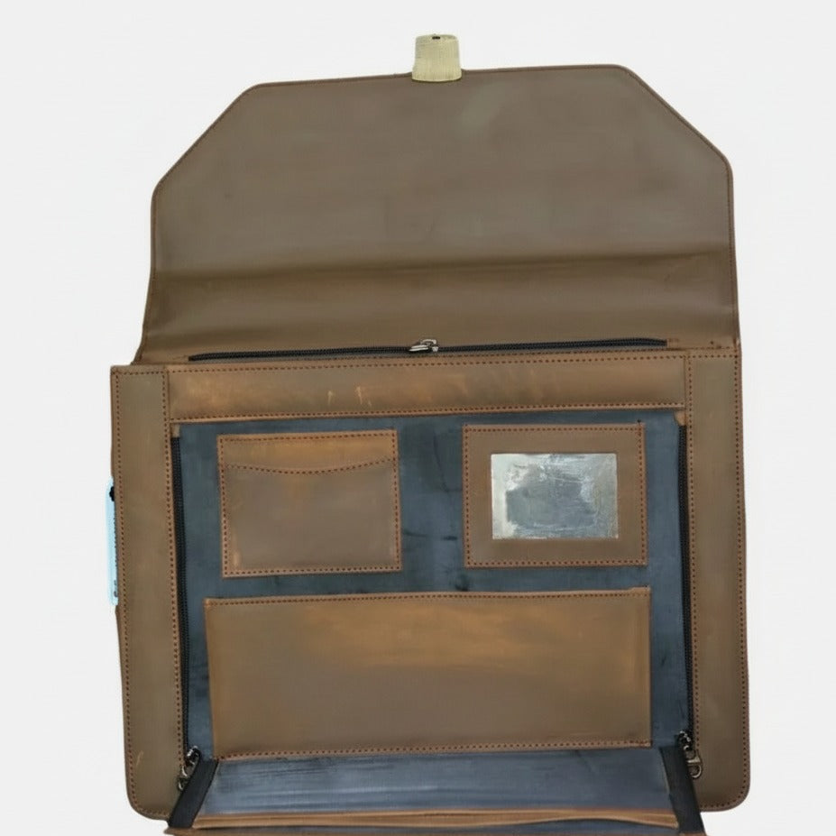 Close‑up of premium leather laptop file bag details