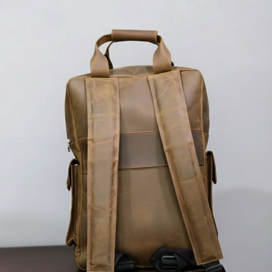 Close‑up of premium suede texture leather backpack