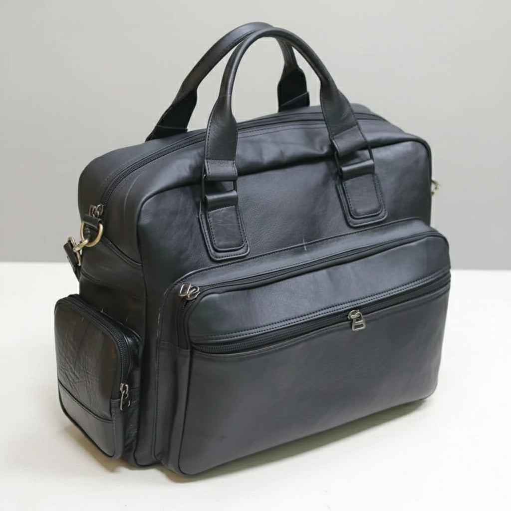 Close‑up of premium cow leather travel bag handles and detailing