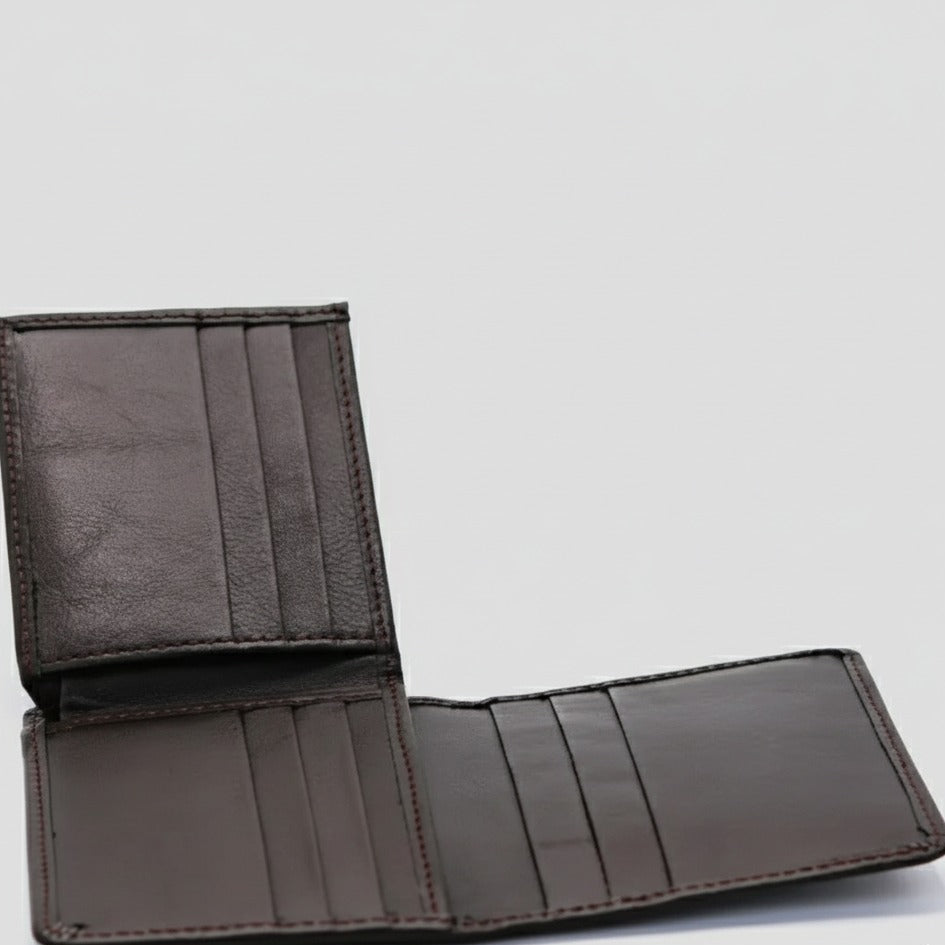 Close‑up of trifold wallet card slots and compartments