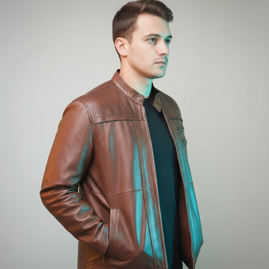 Side angle of 2FZR brown genuine sheep leather jacket