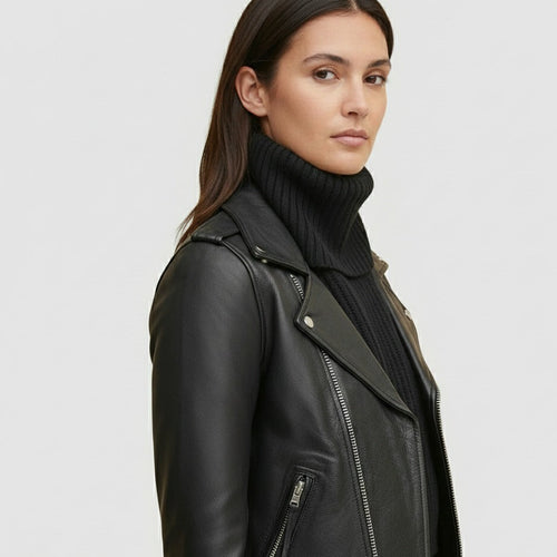 Side angle of black biker leather jacket for women