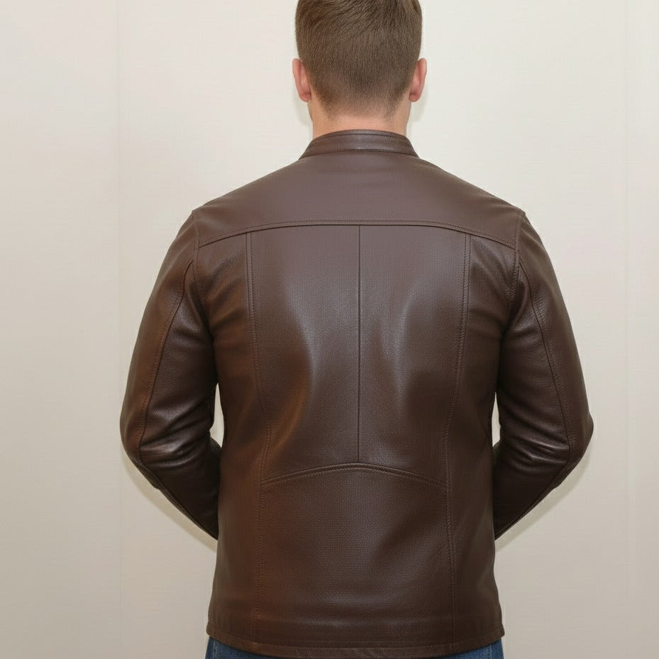 Side angle of brown genuine leather jacket