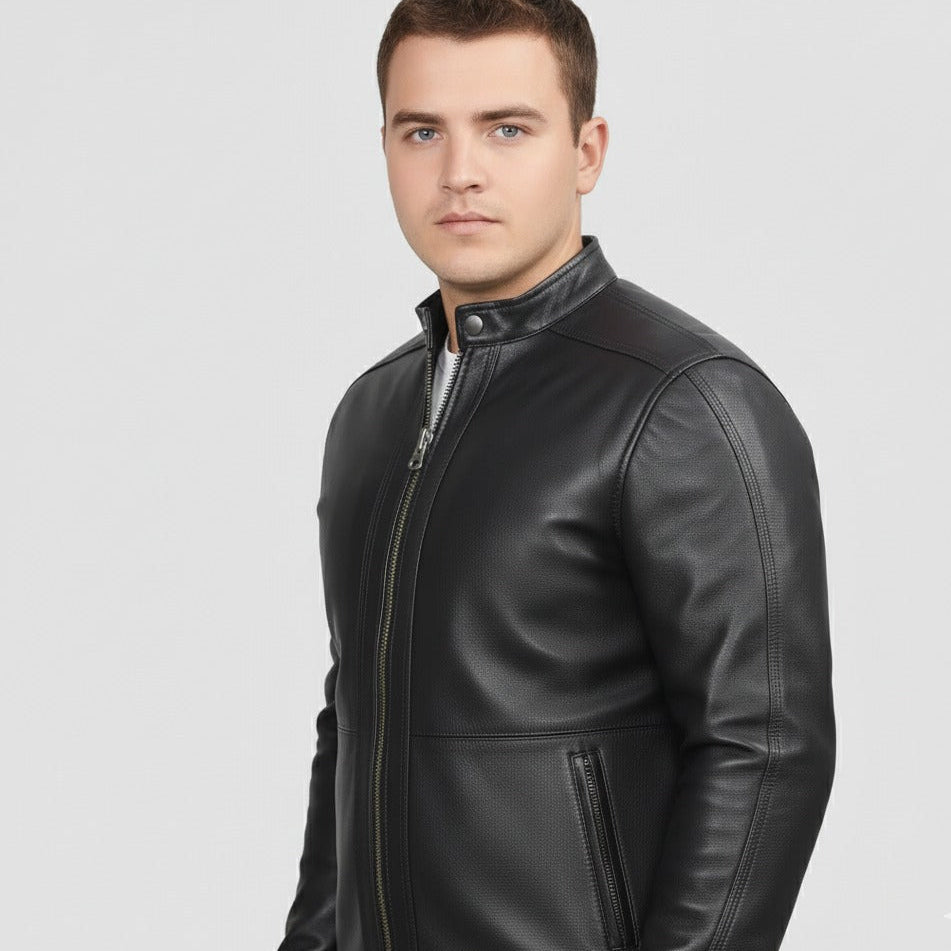 Side angle of men’s cowhide plain leather jacket