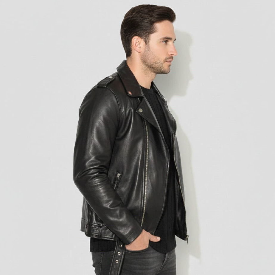 Side view of black biker jacket with fur collar