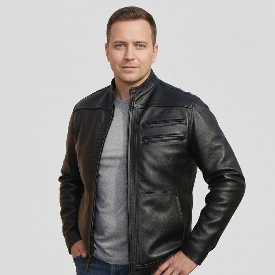 Side view of casual black leather jacket with zipper details