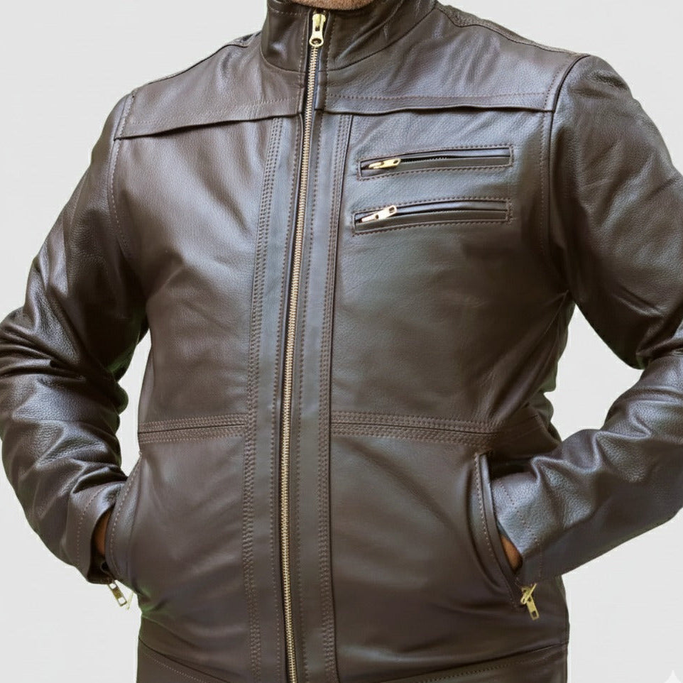 Side view of dark brown genuine leather jacket