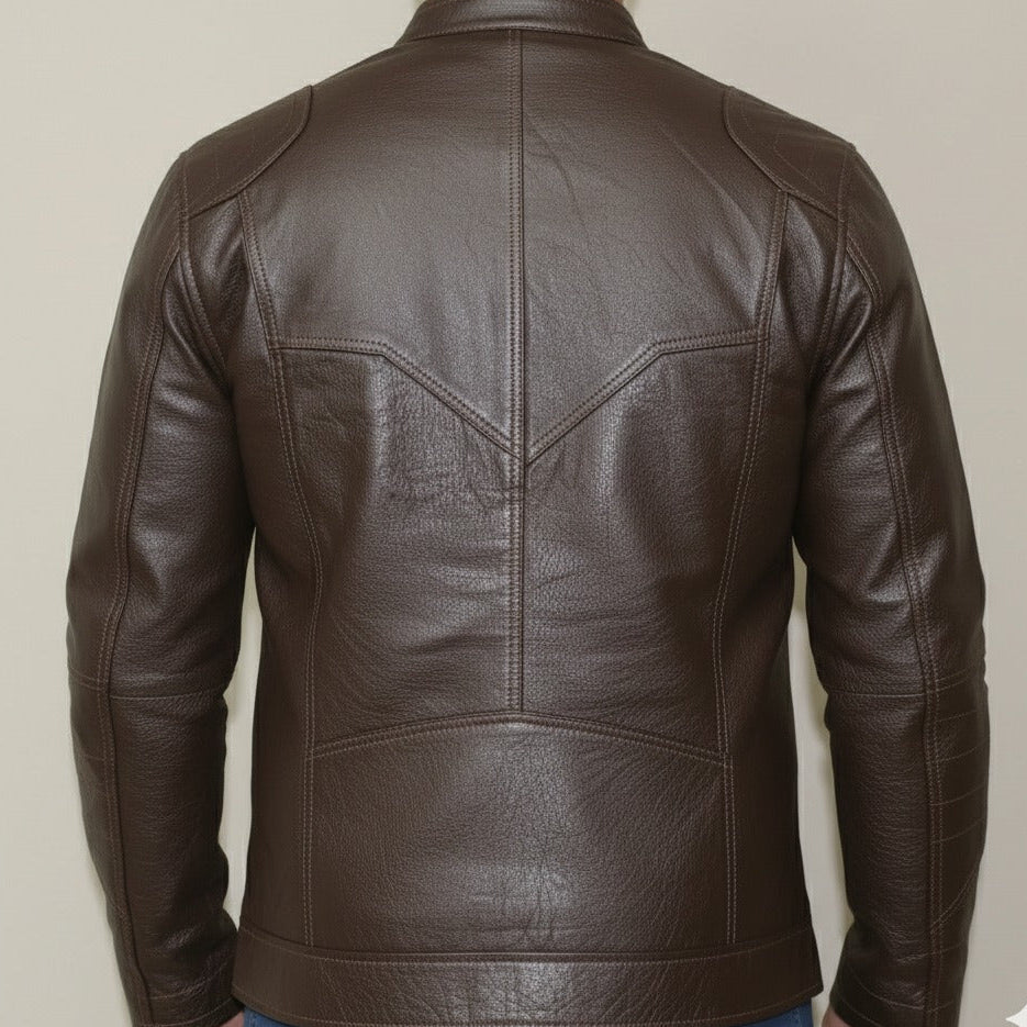Side view of men’s brown casual leather jacket