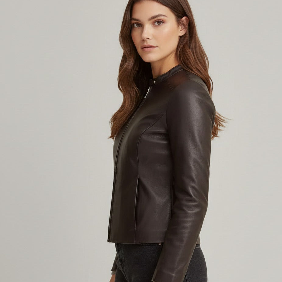 Side view of women’s black plain leather jacket
