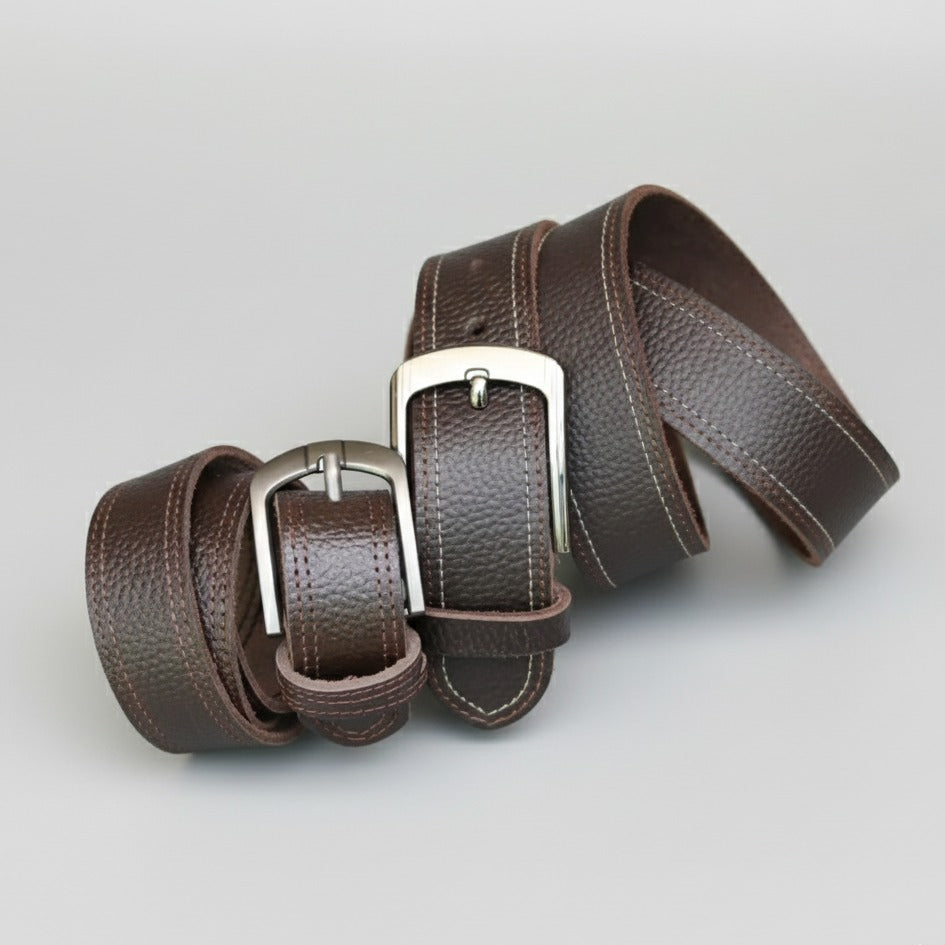 Slim and regular brown leather belts together