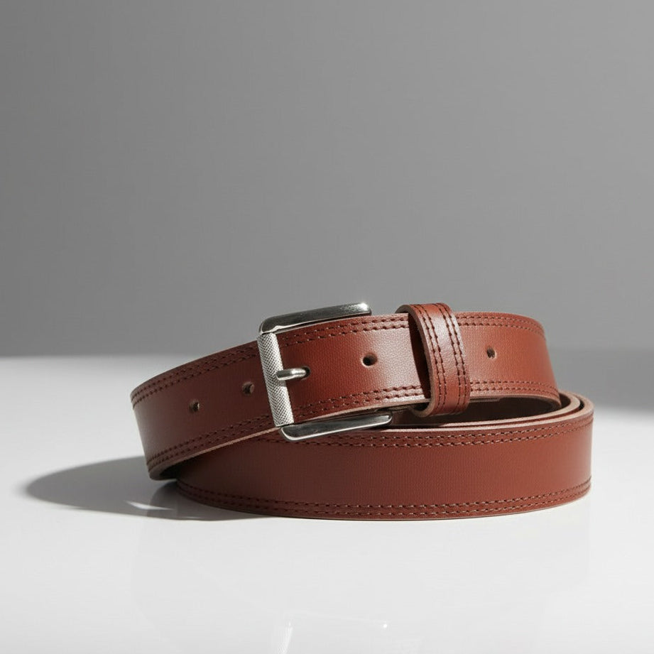 Slim brown dual stitched belt