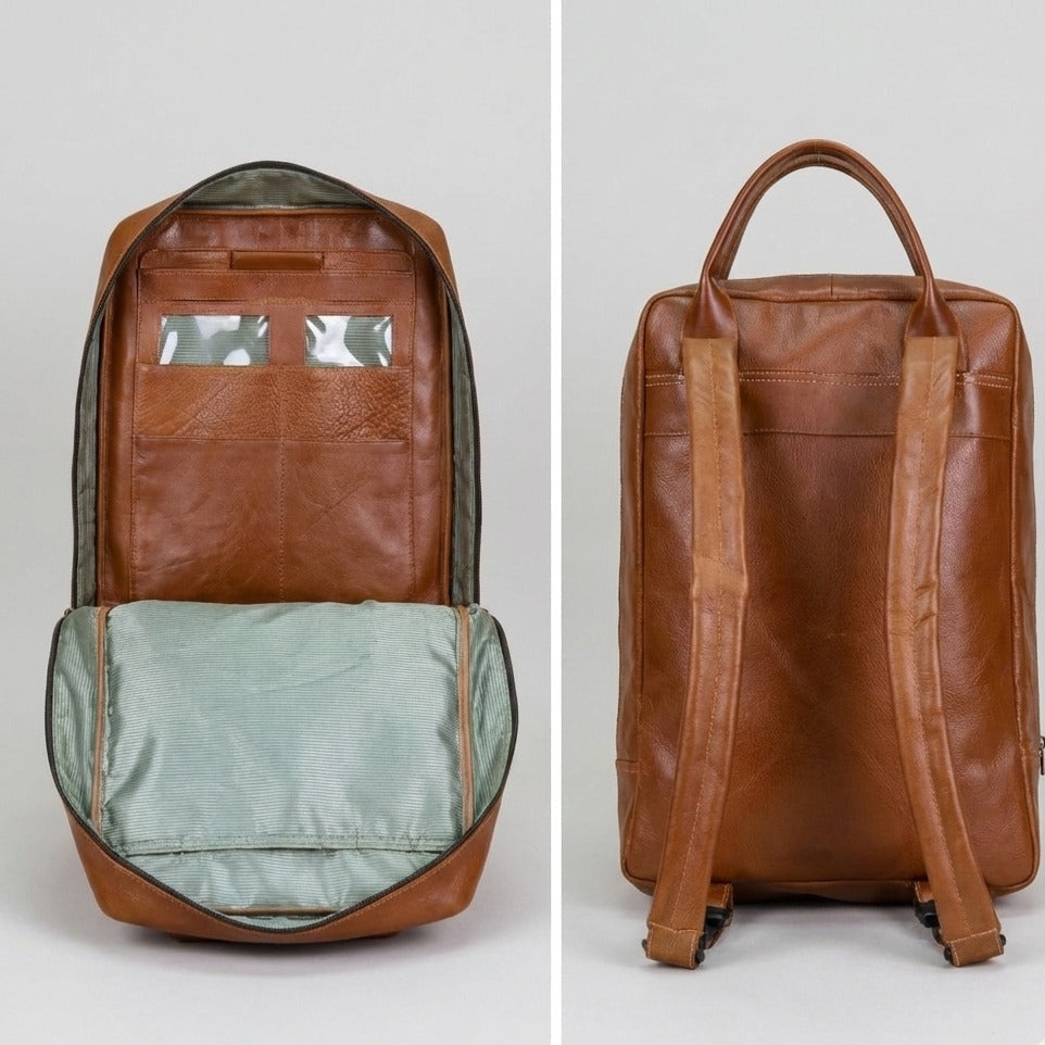 Interior of leather backpack showing compartments