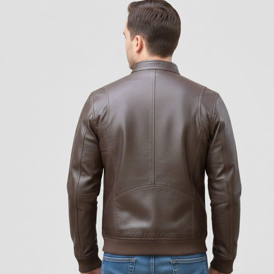 Styled look of dark brown leather jacket on model