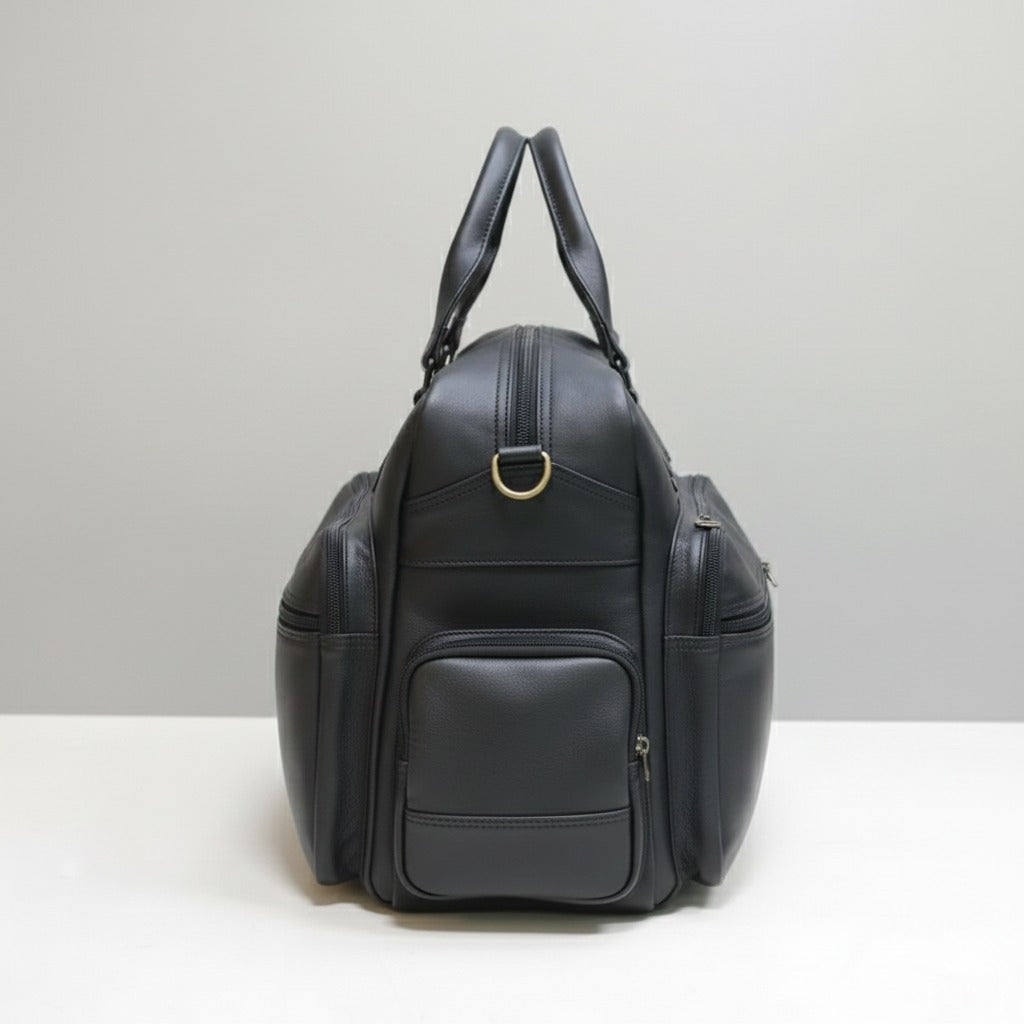 Stylish jet black cow leather business travel bag displayed