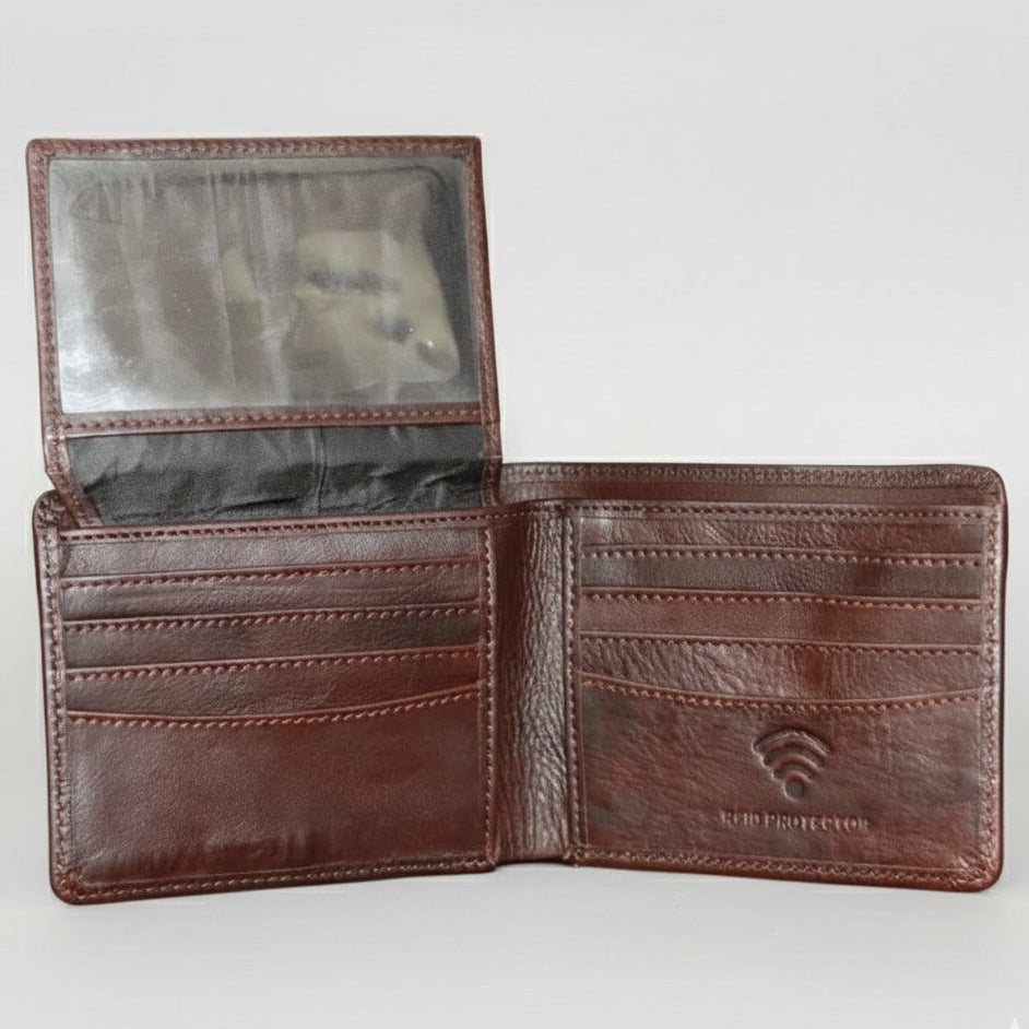 Stylish dark brown wallet displayed on surface