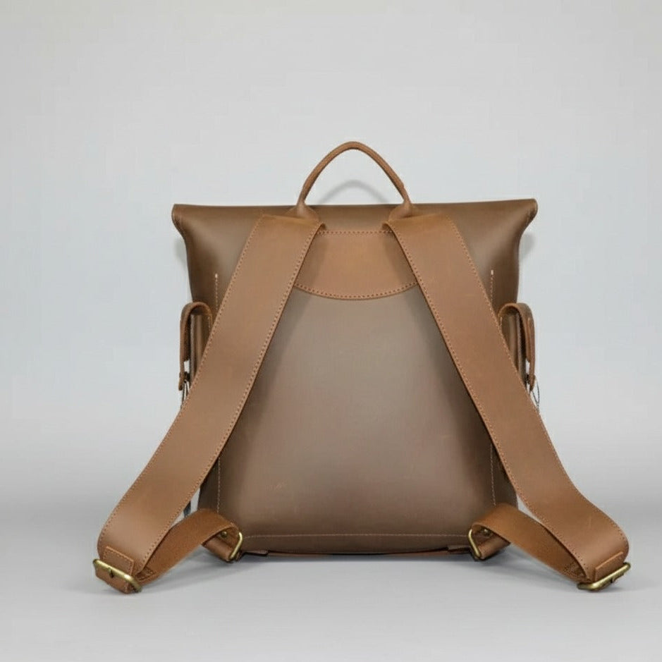 Stylish crazy horse leather backpack displayed