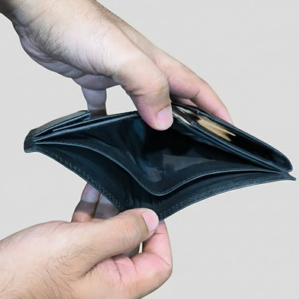 Stylish luxury leather wallet displayed on surface