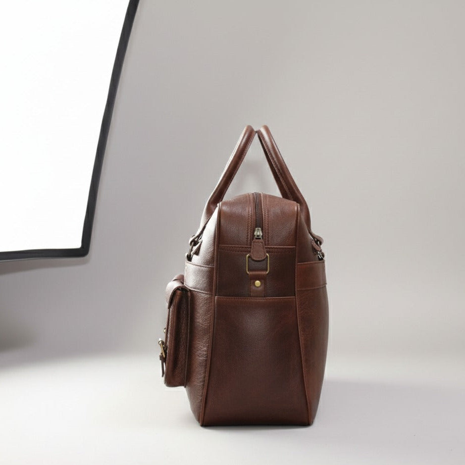 Stylish Terry brown buffalo leather travel bag displayed