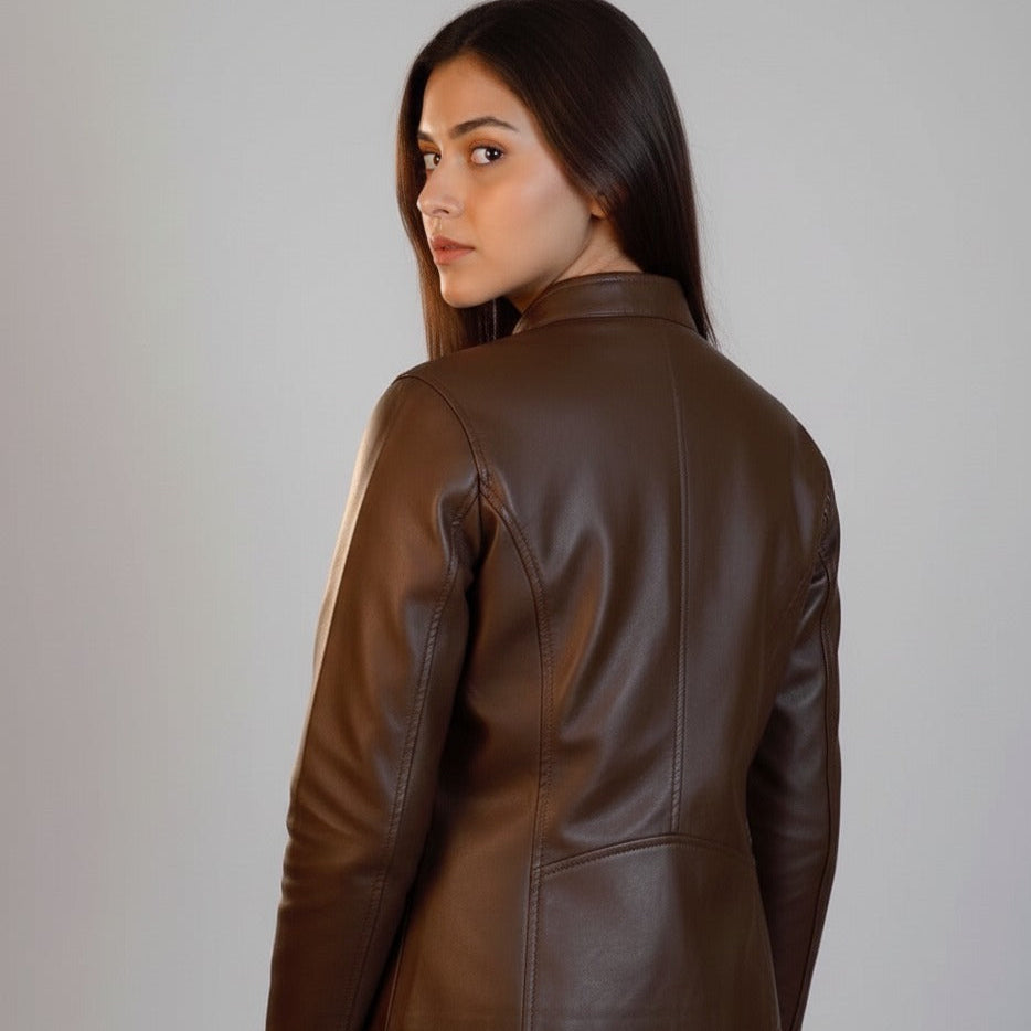 Plain Brown Leather Jacket for Ladies